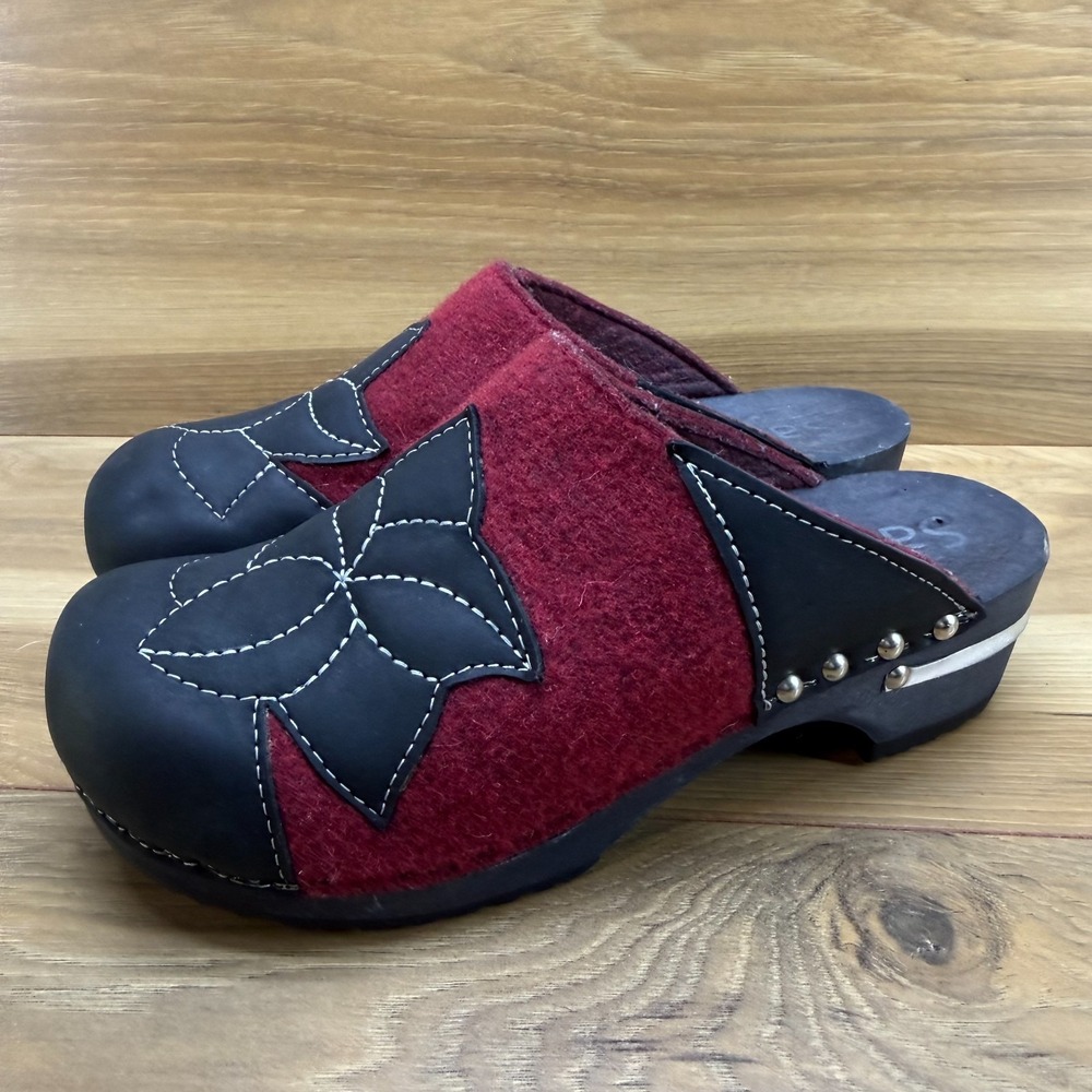 SANITA Wool Felt Leather Floral Clogs 6 EU 36 Wooden Soles Slip On Mule